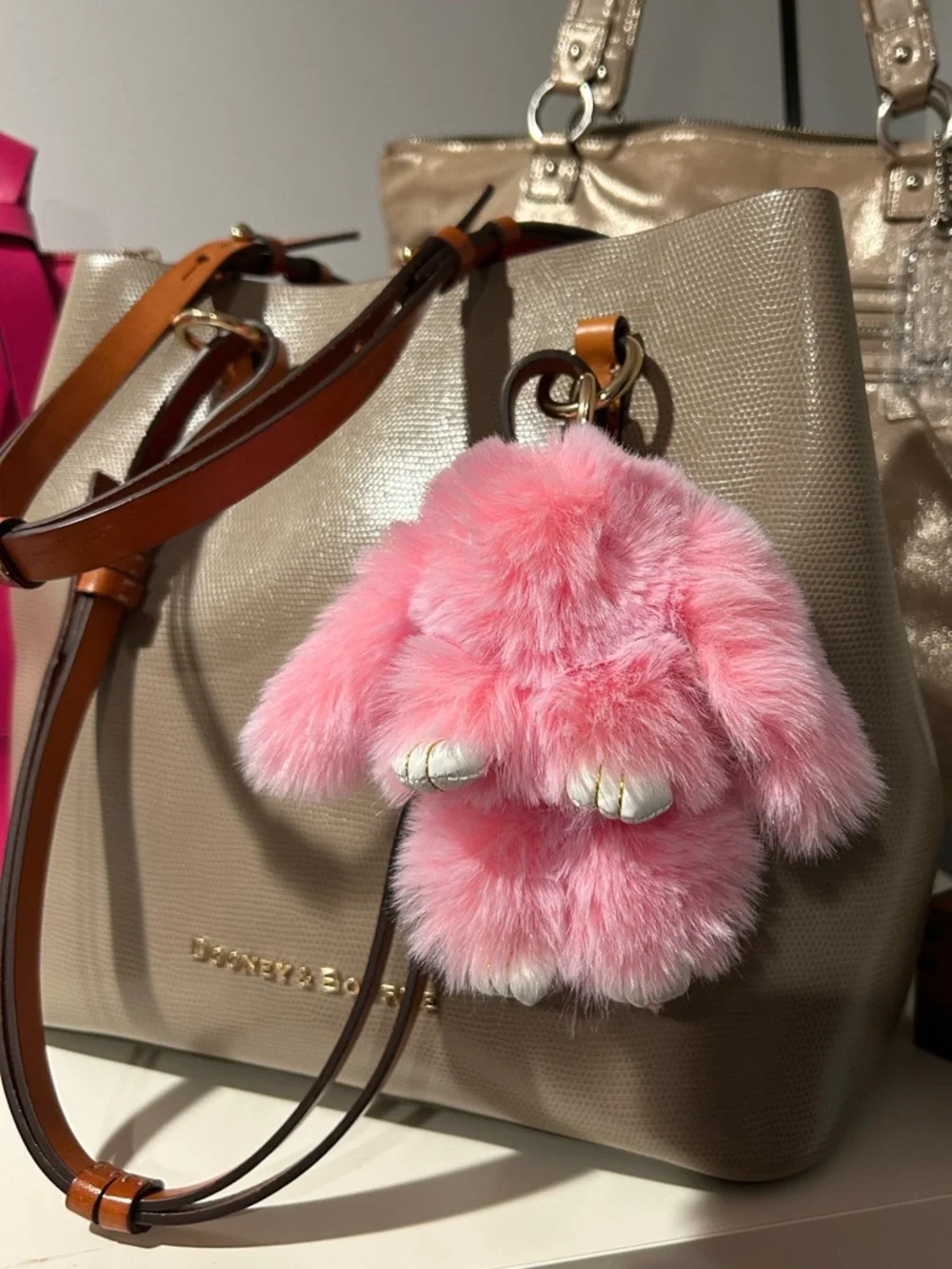 Bag Charm Bunny Pink Faux Fur Pom Pom Keychain - Picture 1 of 2